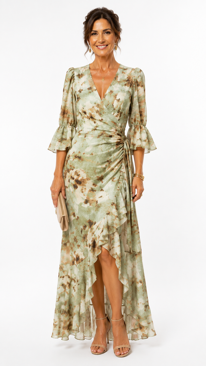 Ana - Vestito lungo asimmetrico in raso verde con scollo a V