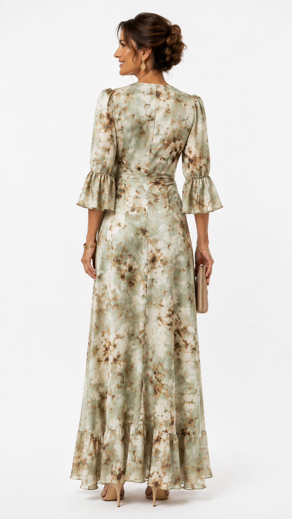Ana - Vestito lungo asimmetrico in raso verde con scollo a V