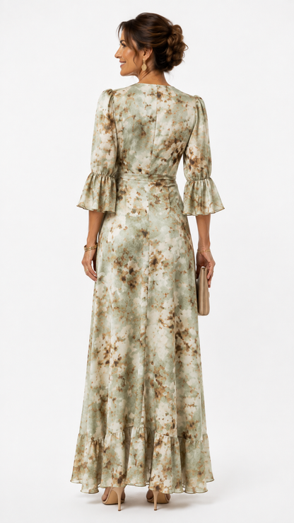 Ana - Vestito lungo asimmetrico in raso verde con scollo a V