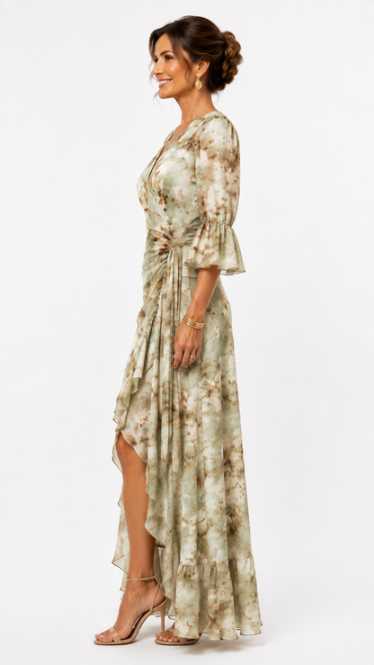 Ana - Vestito lungo asimmetrico in raso verde con scollo a V