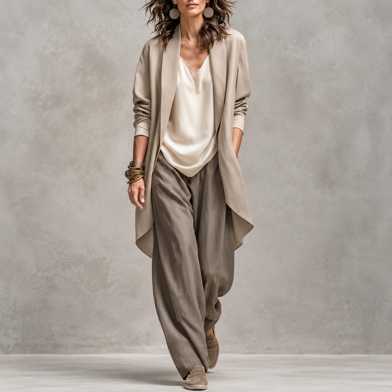 Simona | Nuovo Completo Leggero da Donna in 3 Pezzi Cappotto Lungo Aperto Davanti + Top + Pantaloni a Gamba Larga, Set Casual da Ufficio, Stile Bohemien per l'Autunno