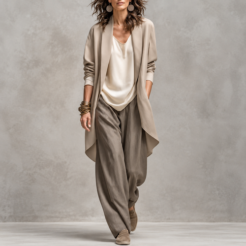 Simona | Nuovo Completo Leggero da Donna in 3 Pezzi Cappotto Lungo Aperto Davanti + Top + Pantaloni a Gamba Larga, Set Casual da Ufficio, Stile Bohemien per l'Autunno
