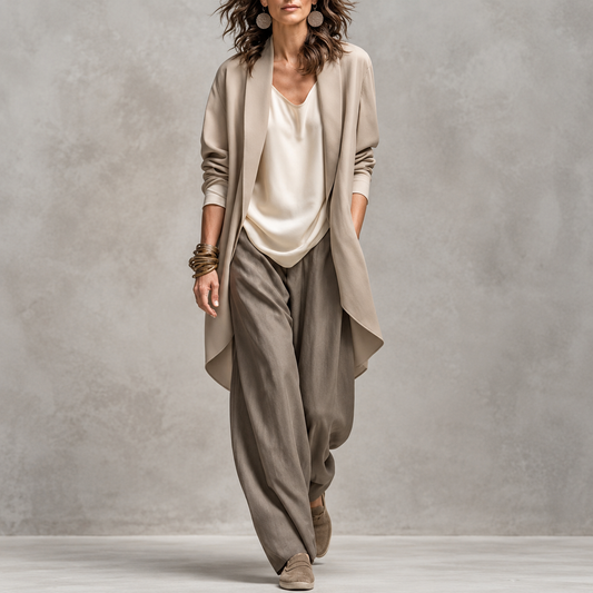 Simona | Nuovo Completo Leggero da Donna in 3 Pezzi Cappotto Lungo Aperto Davanti + Top + Pantaloni a Gamba Larga, Set Casual da Ufficio, Stile Bohemien per l'Autunno