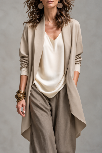 Simona | Nuovo Completo Leggero da Donna in 3 Pezzi Cappotto Lungo Aperto Davanti + Top + Pantaloni a Gamba Larga, Set Casual da Ufficio, Stile Bohemien per l'Autunno