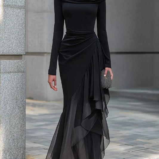 Nicoletta | Abito lungo nero in chiffon con scollo drappeggiato, maniche lunghe e volant, stile sirena